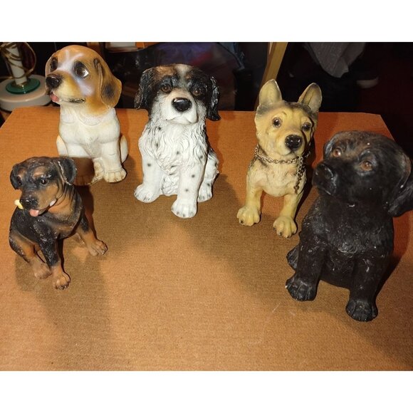 Set Of 5 Dog Figurines Realistic Design Hand-Painted Resin Collectibles - Picture 1 of 6